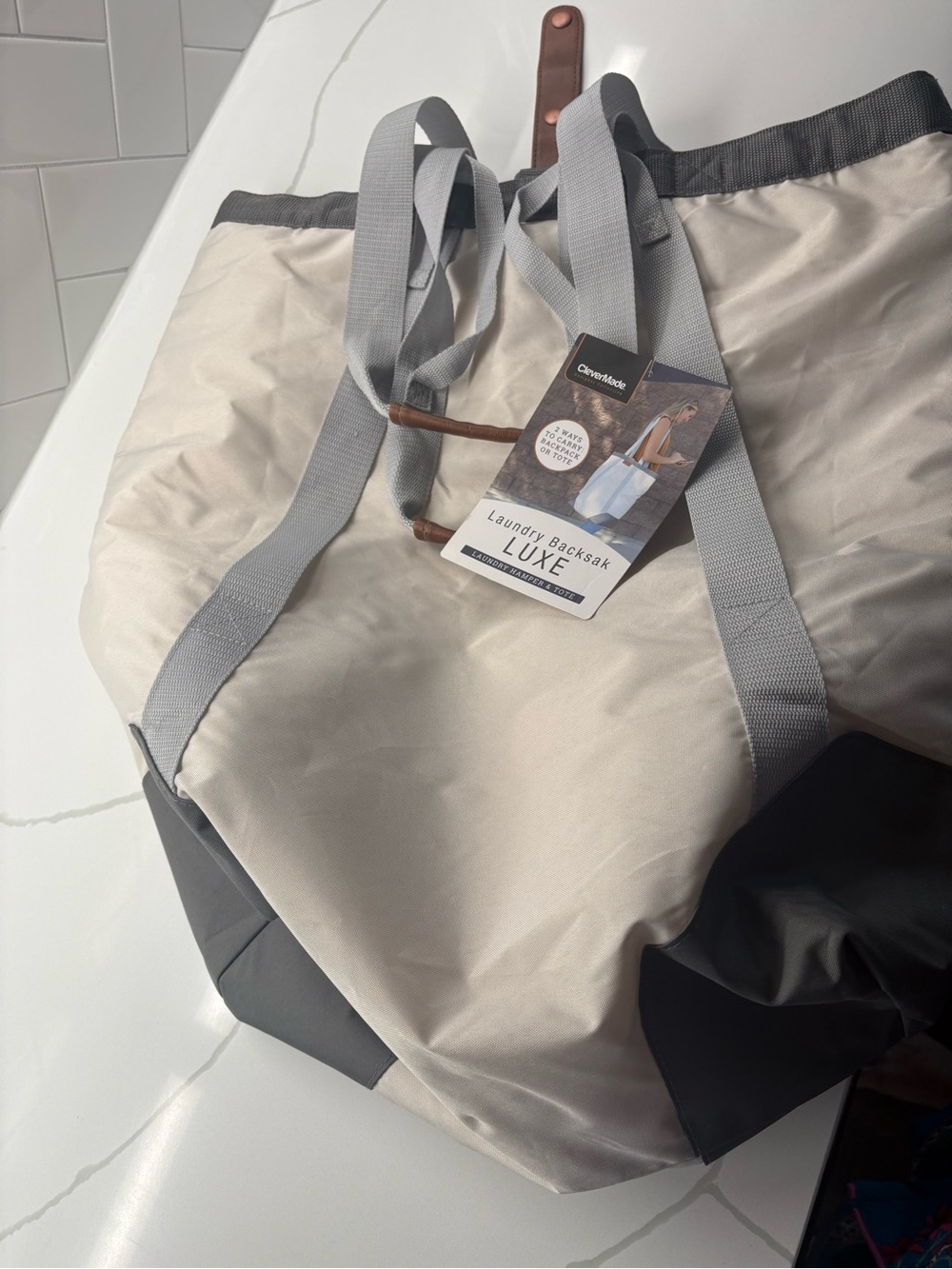 Luxe Laundry Bag Tote - Beige and Gray